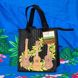 Hawaiian Black and Beige Ukuleles and Lei Small Insulated Tote Bag